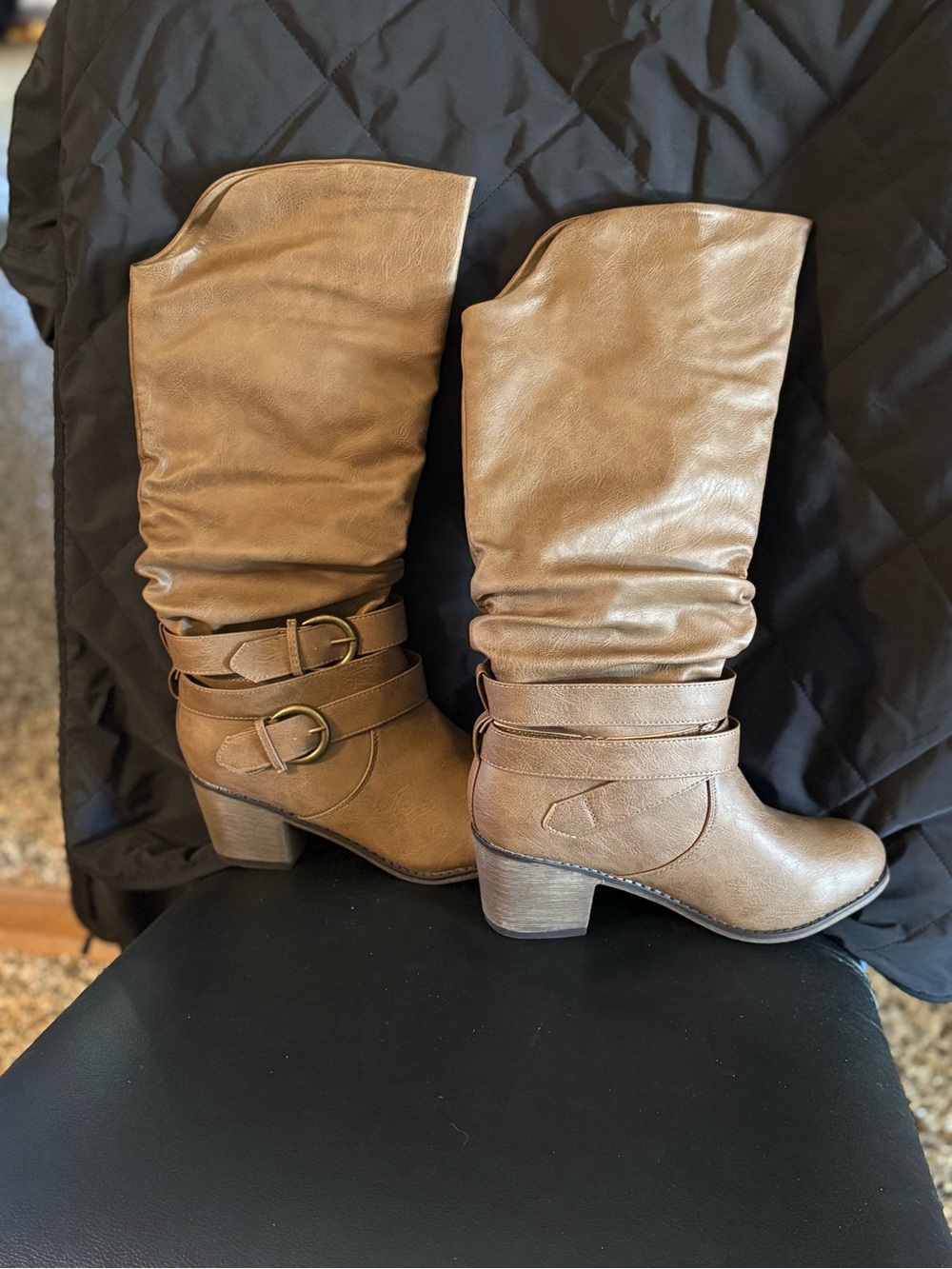 Women’s Tan Mid-Calf Slouch Boots with Buckle Detail